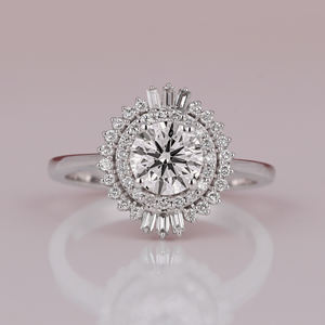 Bague de fiançailles romantique en or massif 14KT cultivé en laboratoire Double Halo Starburst Design Baguette Cut Diamond 1.0-1.3 Carat Gold Plated - Product Image 1