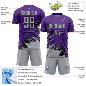 Uniforme de Fútbol Personalizado Transpirable de Manga Corta, Morado, Gris-Negro, con Diseño Abstracto de Fragmentos de Arte, Sublimado - Product Image 3