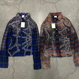 Chemise à manches longues en flanelle à carreaux dégradé en tissu premium, style vintage épais Y2K, avec strass motif toile d'araignée, coupe oversize streetwear - Product Image 1
