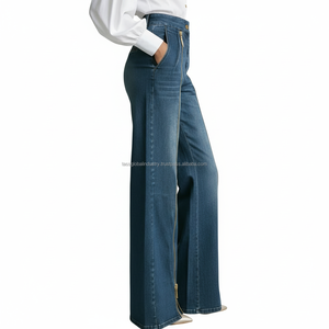 Jean cargo taille haute à jambes larges pour femme avec double fermeture éclair sur le devant, style streetwear, en denim personnalisé - Product Image 2