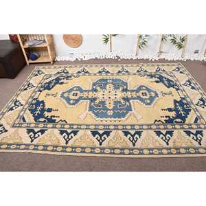 Alfombra Turca, Alfombra Vintage Grande de 6.1x8.8 pies, Alfombra de Lana Sólida Azul Beige - Product Image 2