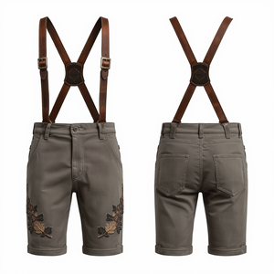 Pantalones Cortos Bávaros de Gamuza Genuina Gris Antiguo Personalizados, Pantalones Cortos de Cuero Tradicionales Bordados para Oktoberfest, Fábrica OEM - Product Image 1