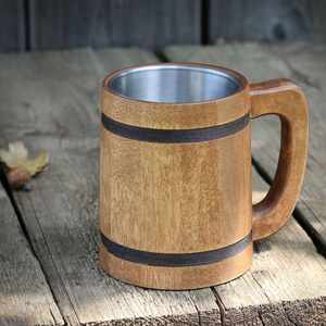 Taza de Cerveza de Madera Natural y Acero Inoxidable, Pulida y Brillante, con Asa, Tamaño Personalizado para Fiestas, Vajilla, Bodas, Bares y Restaurantes - Product Image 5