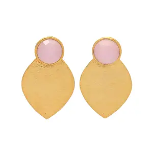 Dainty Pink Chalcedony Faceted Gemstone Earring Pair | Brass Gold Plated Push Back Stud Earring | Wholesale Jewelry For Girls