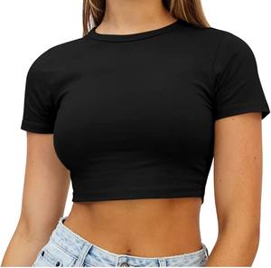 Femmes mignon à la mode haut court basique serré exposé nombril chemise encolure dégagée à manches courtes haut de travail pour adolescentes mode d'été - Product Image 6