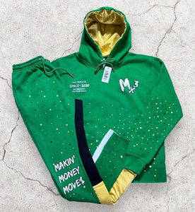 Ensemble de survêtement pour homme avec logo imprimé sur écran personnalisé, sweat à capuche court doublé de satin uni d'hiver, pantalon empilé - Product Image 1