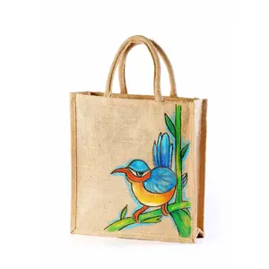 Eco friendly reusable tesco jute shopping bags with customized printed logo and cotton webbing tape handle