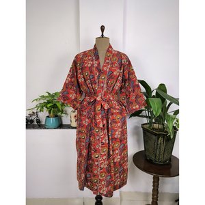 Boho House <b>Robe</b> D't Imprim Floral Maroon Yellow La Main Kimono Indien Pur Coton Coverup De Plage Pour Maternit Maman Et - Product Image 1