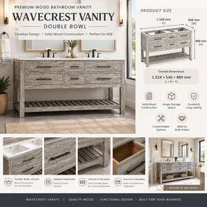 60" Wavecrest Vanity, Double Bowl Vanity Weathered Grey Design Floor Standing With Drawers <b>Cabinet</b> Vanity - Product Image 4