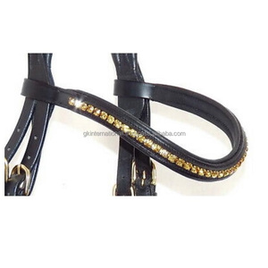 Productos Ecuestres de cuero negro con canal vacío, banda para cejas de caballo con incrustación de topacio dorado de lujo, 1 fila, banda de cuero acolchada ostentosa - Product Image 5