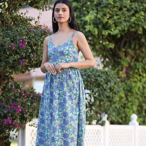 ชุดเดรสผ้าฝ้าย100% พิมพ์ลายดอกไม้สวยหรูชุดเดรสผ้าคอตตอนซักได้ยาวคลุมเข่าระบายอากาศได้ดีสำหรับใส่ในทุกโอกาส - Product Image 1