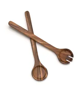 Serveurs à salade ronds en acacia, 13 pouces de long, une paire d'ustensiles de service en bois - Product Image 1