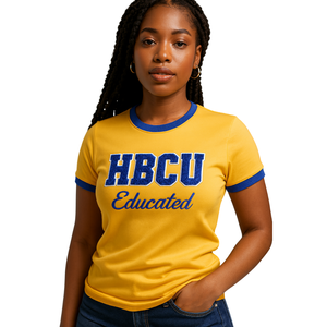 HBCU mujeres educadas Chenille contraste Trim Ringer camiseta oro bordadas con letras azules algodón colegiado hermandad camiseta - Product Image 1