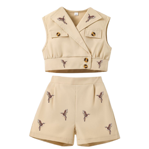 2025ชุดเสื้อผ้า2ชิ้นสำหรับเด็กผู้หญิงเสื้อลำลองมีกระดุมแบบเย็บปะติดกางเกงขาสั้นแฟชั่นสำหรับเด็กทารกเด็กวัยหัดเดินฤดูร้อน - Product Image 4