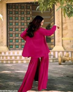 Georgette indo Western sharara ชุดเสื้อครอปแบบหนาพิเศษพร้อมเข็มขัดคาดเอวประดับกระจกและเสื้อครอป - Product Image 3