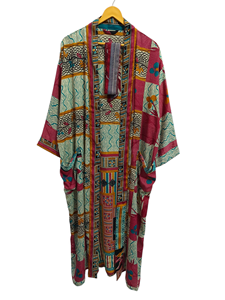 Bikini Cover Up Night Wear Long Robe Patchwork Kimono Robe, hecho a mano indio Vintage reciclado seda Sari Kimono, - Product Image 5