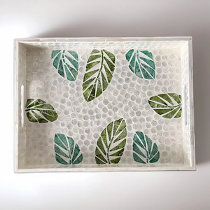 Plateau de service décoratif en mosaïque verte avec incrustation de nacre blanche, lavable au lave-vaisselle, qualité commerciale pour la salle de bain, la cuisine, la décoration de la maison - Product Image 1