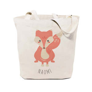 Personalized Name Fox Cotton Canvas Tote Bag Customizable Daily Use Shopping Bag - Product Image 1