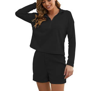 2024 Arrival <b>Women</b> <b>Black</b> 100% Cotton Half Zip Hoodie & <b>Shorts</b> Set for Sale <b>Women</b> Blank Sets by SPORTAR INT in Low MOQ - Product Image 1