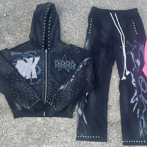2025 tendencia creador a medida Rhinestone Baggy Zip cierre Streetwear chándal lujoso edredón pantalones de chándal acampanados Sudadera con capucha - Product Image 2