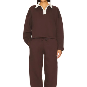 Custom Embroidered Logo 100% Cotton <b>Fleece</b> Winter 2-Piece <b>Sweatshirt</b> Sweatpants Set Solid Color Oversized <b>Lined</b> Unisex - Product Image 1
