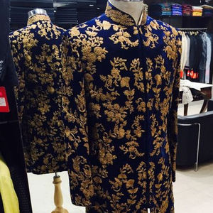 2024 Zari bordado azul real terciopelo Sherwani cristal Beadssstone zapato adorno transpirable de talla grande Dabka pantalón de trabajo - Product Image 1