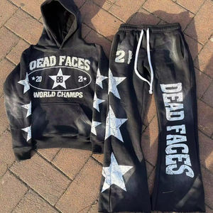 Heavyweight Streetwear Distressed <b>Zip</b> <b>up</b> <b>Hoodie</b> and Sweatpants 2 Pieces Set for Men Custom Acid Washed Vintage Tracksuit Sets - Product Image 5