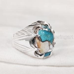 แหวนเงินแท้ 925 ประดับมุกธรรมชาติ ทองแดง และเทอร์ควอยซ์ สำหรับผู้ชาย ของขวัญวันเกิดเดือนธันวาคม เครื่องประดับสไตล์ยิปซี - Product Image 2