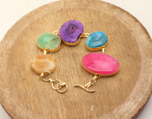 Cadena de Eslabones Chapada en Oro de 18K Hecha a Mano con Ágata, Pulsera de Piedras Preciosas Ajustable Estilo Boho Chic - Product Image 4