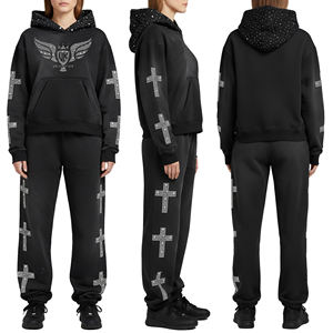 Primum Quality Rhinestone Cross Acid Wash Winter Seatsuits Set Custom Heavyweight Cotton Tracksuit Women - Product Image 1