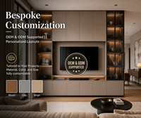 Unit TV Dinding Minimalis Modern KEJIA dengan Lampu LED Matte Taupe, Kabinet TV Media Terintegrasi, dan Display Kaca