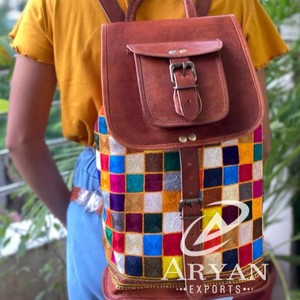 Mochila De cuero de cabra auténtico Unisex, morral de alta calidad hecho a mano con bordado Vintage, Multicolor - Product Image 1