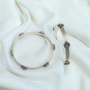 Swadeshi Pitara Women's 925 Silver Fashion Statement Bangle <b>Single</b> Piece with Rose <b>Flower</b> Design From Rajasthan - Product Image 3