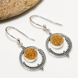 Boucles d'oreilles pendantes artisanales en argent sterling 925 pour femme, avec agate dorée en titane et pierres précieuses Drusy, design chrétien, qualité AAA IGI - Product Image 2