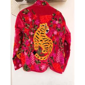 Velvet Embroidered Leather <b>Jacket</b>-Reversible Tiger Pattern Short Boho Chic Bomber Coat Cotton for Autumn/Winter Rose Vintage - Product Image 2
