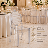 Chaise d'événement transparente en résine PC monobloc moderne pour hôtels, banquets, mariages et réceptions, idéale pour la restauration et les événements.