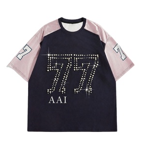 Camisetas de hombre personalizadas con mangas de contraste y pedrería, color liso, 100% algodón, estilo casual urbano, corte holgado, ropa de fábrica - Product Image 1