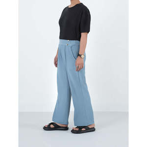 Pantalones SEONG Clásicos de Corte Regular, Tejido de Algodón Sólido, Pierna Ancha y Decoración de Botones, Color Azul Cielo - Product Image 3