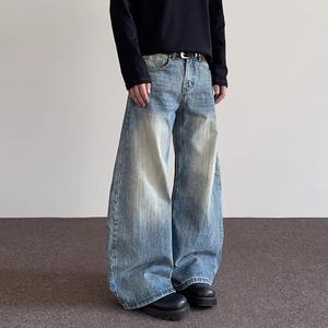 Pantalones Vaqueros de Mezclilla para Hombre, Estilo Urbano, de Alta Calidad, Personalizados, de Algodón, Sueltos, Lavados a la Piedra, Azules, de Pierna Ancha, Holgados - Product Image 1