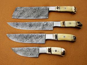 Juego de cuchillos de chef de cocina de hoja de acero de Damasco hecho a mano con hueso de cuerno de ciervo refuerzo de acero inoxidable OEM personalizable en bolsa de cuero - Product Image 2