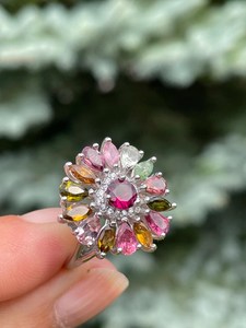 แหวนแต่งงานแบบพรีเมี่ยมประดับพลอยเม็ดใหญ่สีเงินสเตอร์ลิงสำหรับผู้หญิงโกเมนพลอยทัวร์มาลีนโรโดไลต์แฟนซี - Product Image 2