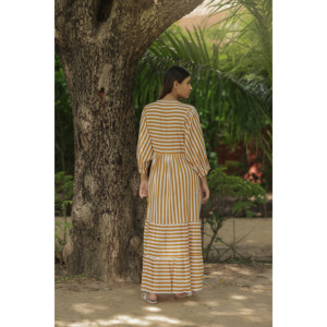 Vestido Midi de Algodón para Mujer, Mangas Largas, Bolsillos, Estampado a Mano con Rayas, Estilo Boho Chic, Corte Holgado, Cintura Natural, Sostenible - Product Image 5