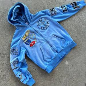 เสื้อฮู้ดดี้สตรีทแวร์ปี 2026 ผลิตตามสั่ง พร้อมป้ายปักโลโก้แบบกำหนดเอง ผ้าเฟรนช์เทอร์รี่ ล้างสีแบบแอซิดวอช ลายนูน ซิปหน้า สำหรับผู้ชาย - Product Image 3