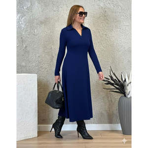 Robe midi en viscose à col et manches longues pour femme, 28778 - Bleu marine - Product Image 2