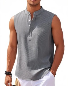 2025 été mode affaires pull chemise hommes sans manches gilet avec col montant bouton couleur unie nouveau Style débardeurs - Product Image 5