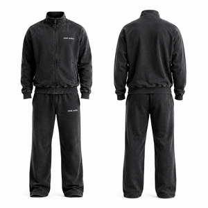 Custom Black Acid Wash Tracksuit Vintage Washed Sweat Suit Full <b>Zip</b> Jacket Jogger Set Cotton Fleece OEM ODM Manufacturer - Product Image 6