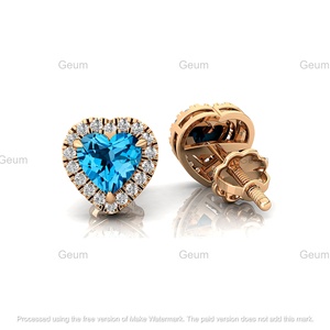 Beautiful <b>Heart</b> Shape Natural Swiss Blue Topaz Gemstone & Genuine Real Diamonds Stud <b>Earrings</b> in 18k Solid <b>Gold</b> Valentine Gifts - Product Image 5