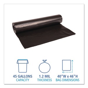 Boardwalk X8046SKKR01 40 pouces. X 46 In. 45 gallons. Sacs poubelle jetables en polyéthylène recyclé basse densité de 1,2 mil, noirs (100/carton) - Product Image 4