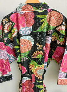 Kimono en coton matelassé Kantha fait à la main manteau de luxe Style indien imprimé de fruits vêtements de nuit thermiques Robe à cordon pour l'été gratuit - Product Image 6