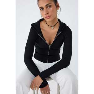 <b>Black</b> Hooded Zip-Up Knit <b>Cardigan</b> - Product Image 2